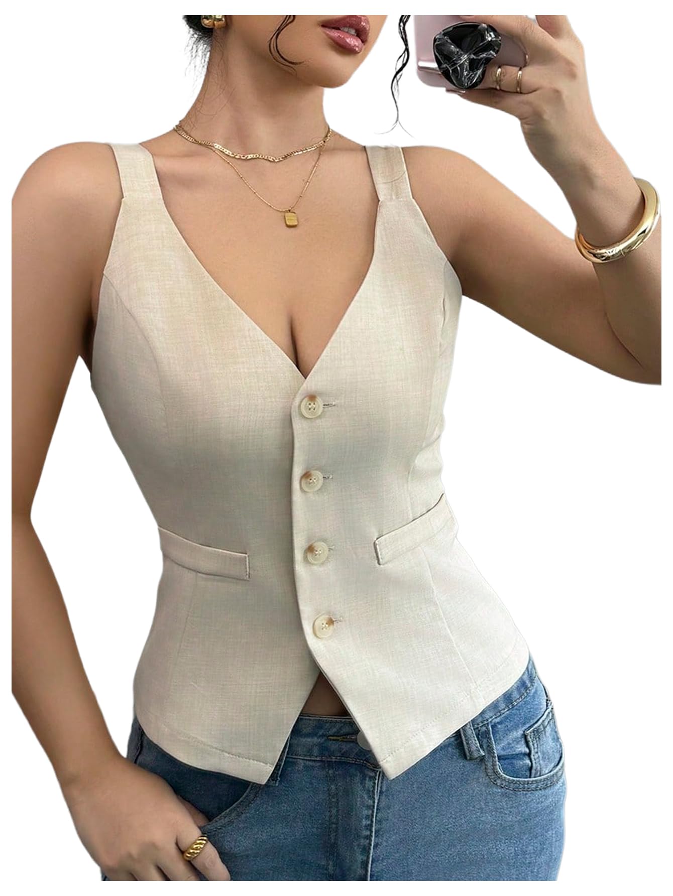 SHENHE Womens Button Up V Neck Vest Casual Business Waistcoat Blazer Vests Tank Top