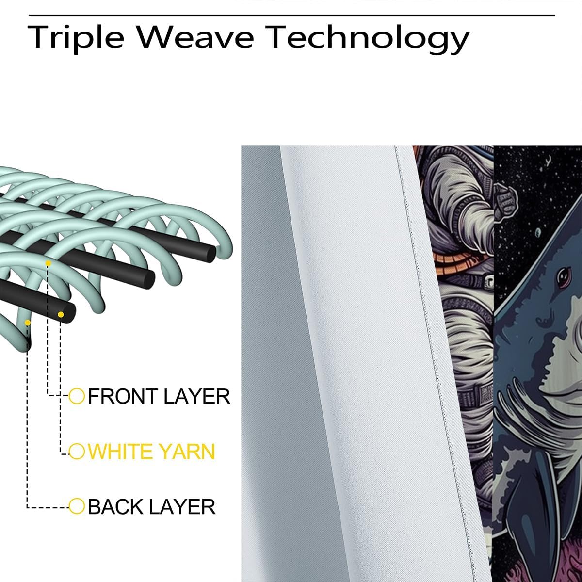 Funny Astronaut Blackout Curtains for Girls Boys Home Decor, Fantasy Dinosaur Shark Galaxy Rod Pocket Thermal Insulated Drapes Darkening Window Curtain for Bedroom Living Room, 55 x 63 Inch