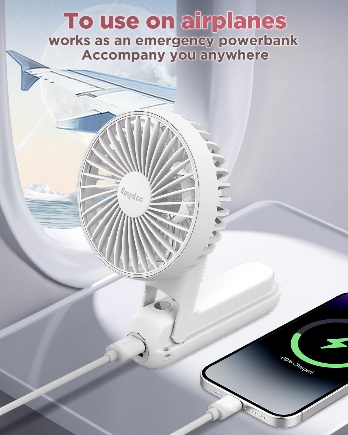 EasyAcc Portable Handheld Fan F18Plus charging a smartphone while in desk mode.