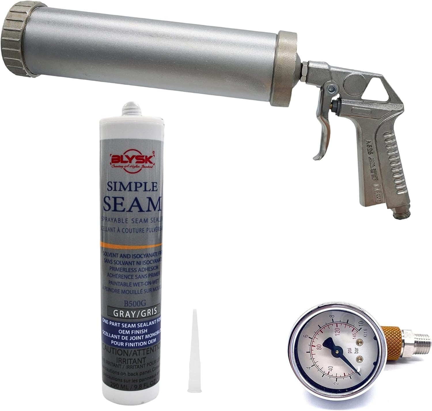 Ani A/525 Pneumatic Caulking Gun with Air Regulator and BLYSK Sprayable Seam Sealer B500G (Grey)