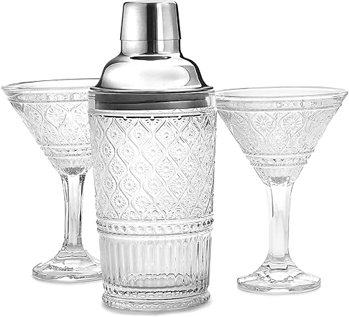 Godinger Juego de coctelera y vasos de Martini, juego de regalo de coctelera y 2 copas de cóctel, decoración vintage, colección Claro