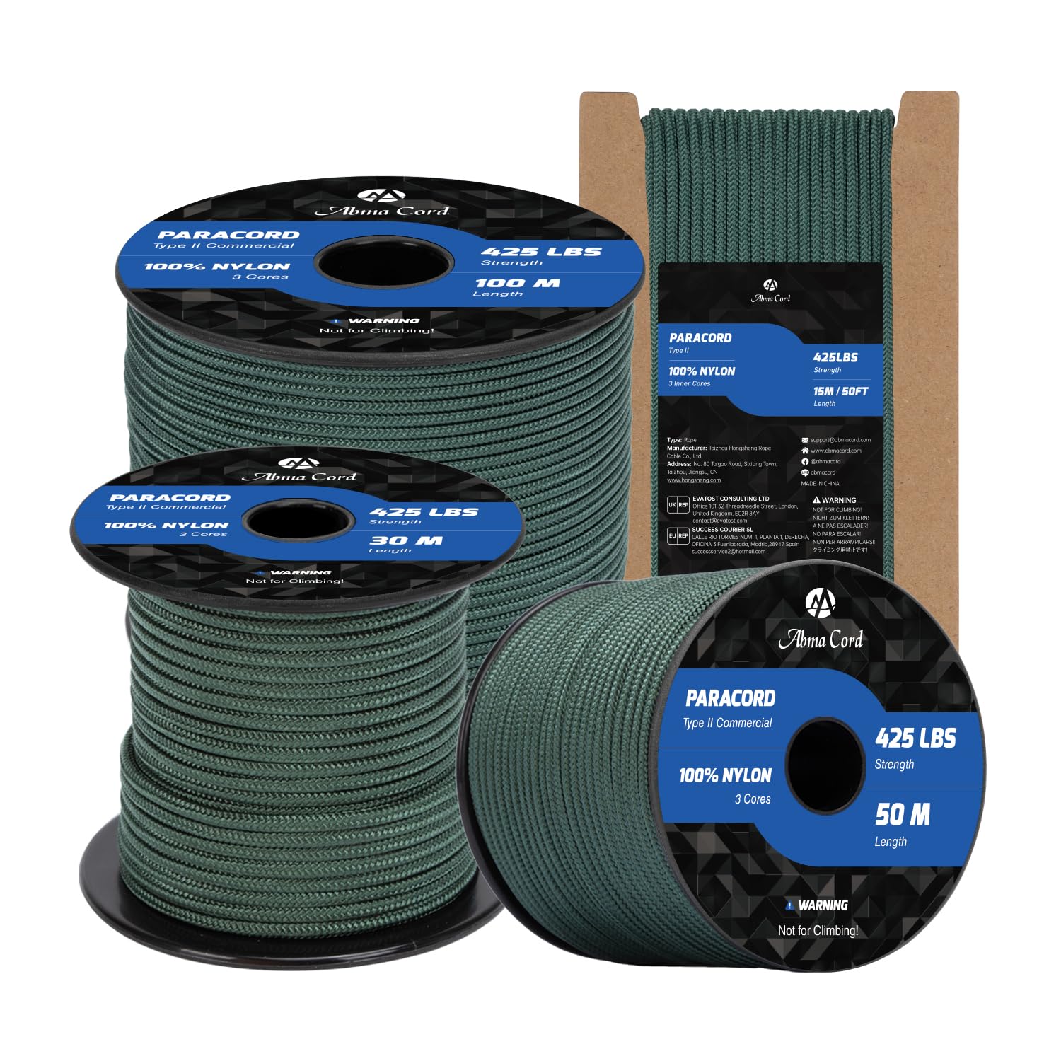 Abma Cord Paracord 3mm 15m 100% Nylon Rope Type II 3 Strands Parachute Cord - Max. 192kg (425lbs) - Dark Green