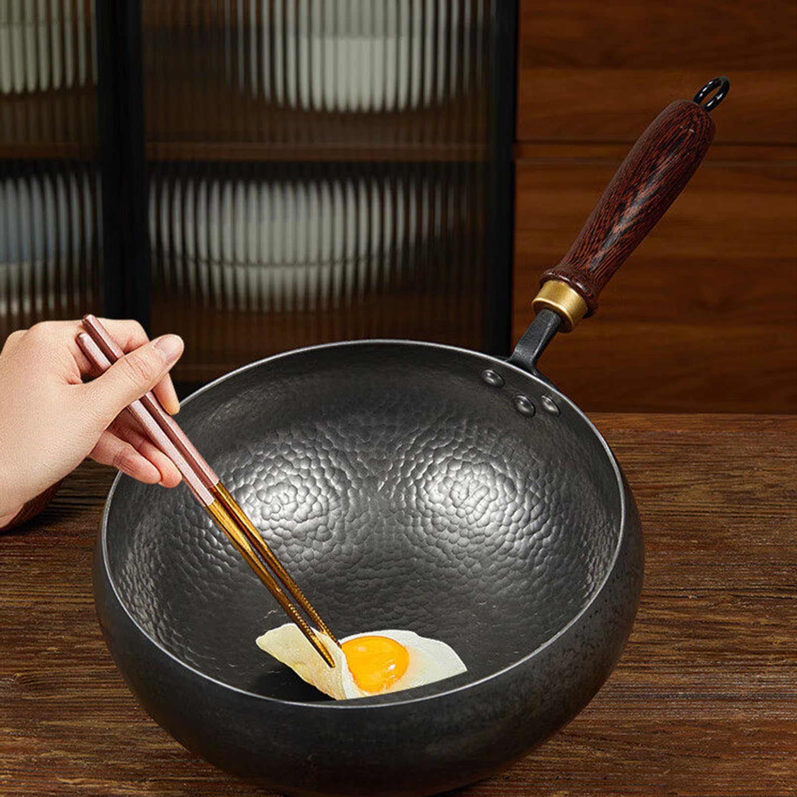 Generico Wok A Fondo Piatto In Ferro Con Coperchio In Legno, Grande In Acciaio Al Carbonio, Padella Multiuso A For Cibo Occidentale E Cinese(26cm)