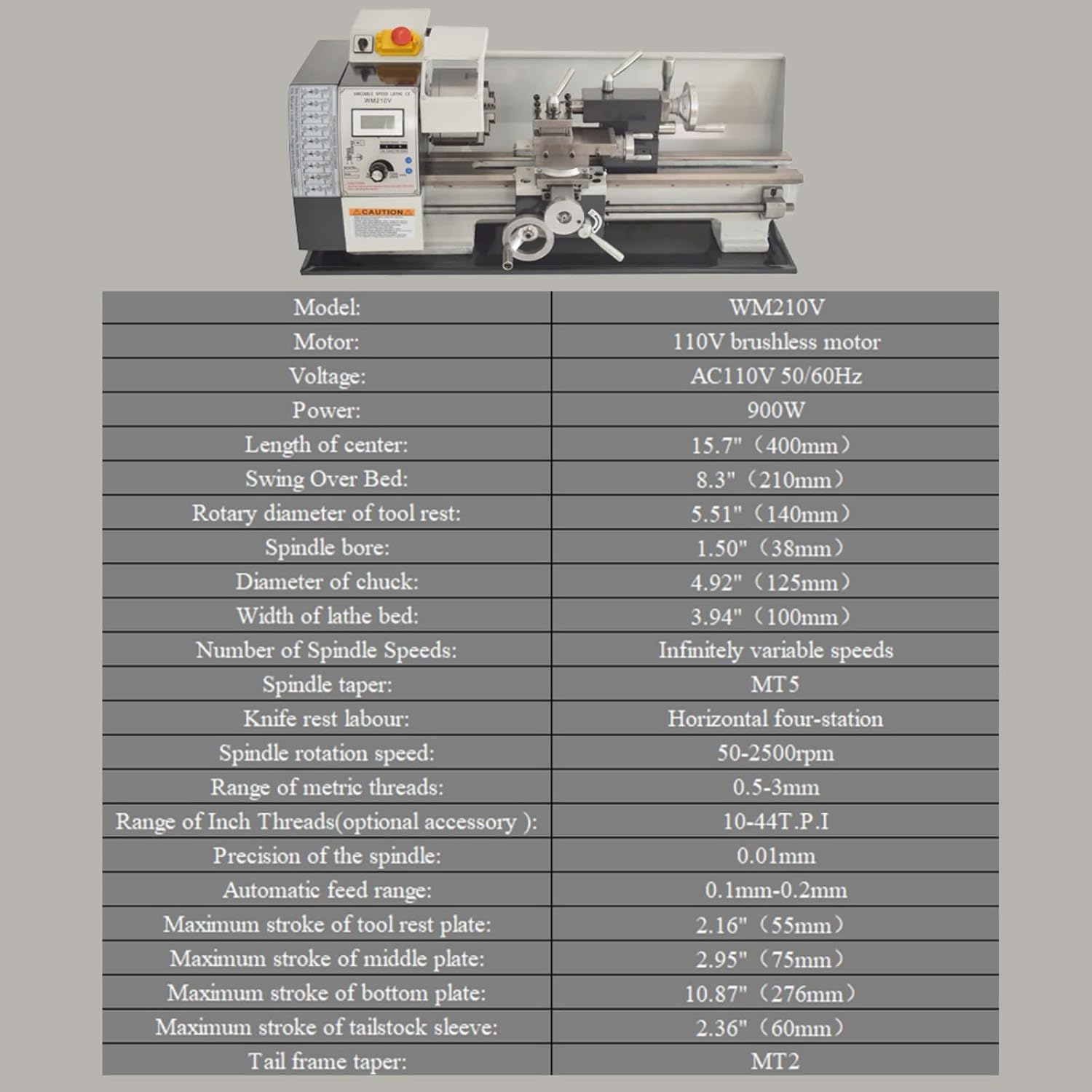 Mini Metal Lathe WM210V Metric Thread 900W Benchtop Metal Wood Horizontal Lathe 50-2500rpm Variable Speed 8"×16" Wood Horizontal Processer with Digital Display 110V
