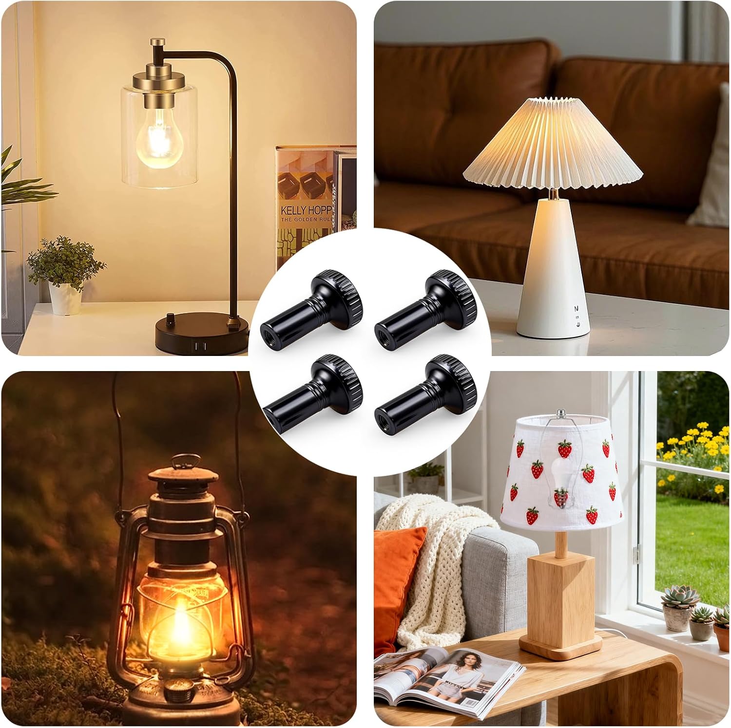 Lamp Switch Knob - 4Pcs Lamp Turn Knobs Replacement, Standard Turn On/Off Light Switch Knobs, Classical Antique Lamps Repair Parts Decorative for Table & Floor Lamps Fan Socket (Black)