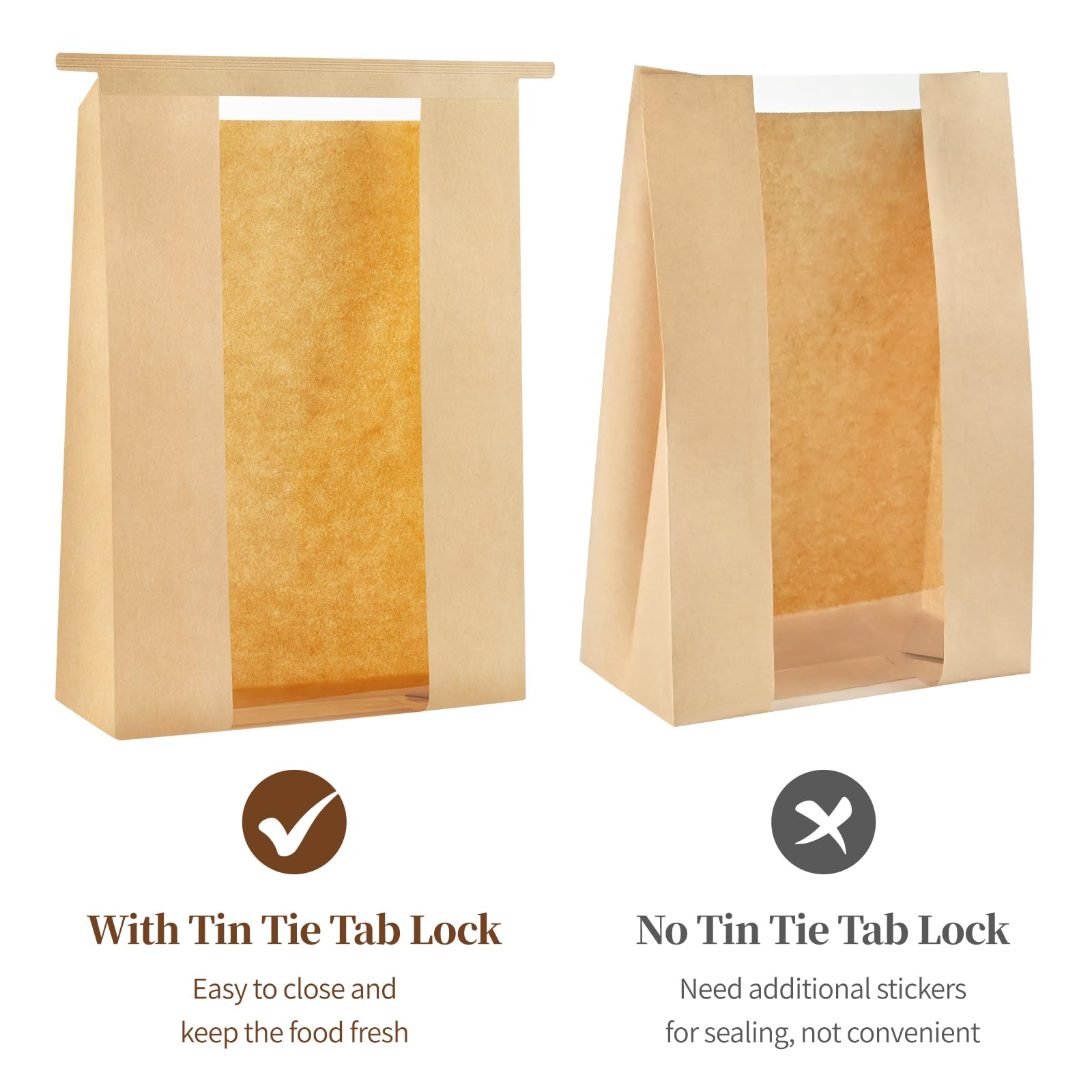 Ohuimrt 100 bolsas de pan de papel kraft, 13.7 x 8.2 x 3.5 pulgadas, bolsas de panadería marrones con ventana de estaño con bloqueo de pestaña de amarre grandes bolsas de almacenamiento para masa