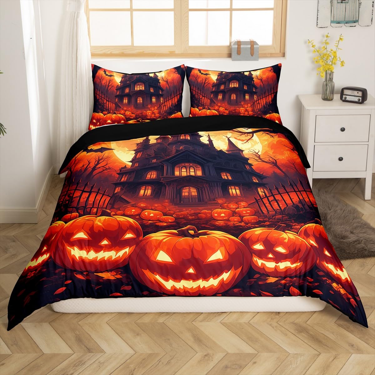 Zestaw poszewek na kołdrę na Halloween w kształcie dyni, rozmiar L, gotycki nietoperz, zwierzę, zamek z nadrukiem, dwustronny zestaw poszewek na kołdrę (bez pocieszyciela), dynia, latarnia