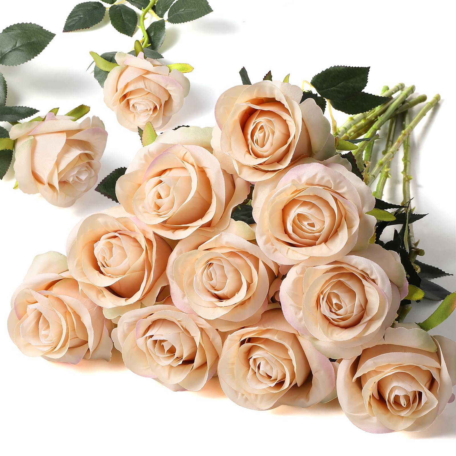 Floralsecret 12 Pcs Artificial Roses Flowers Silk Flower Bouquet Fake Single Stem with Long Stem for Home Wedding Party Garden Decoration (Champagne)