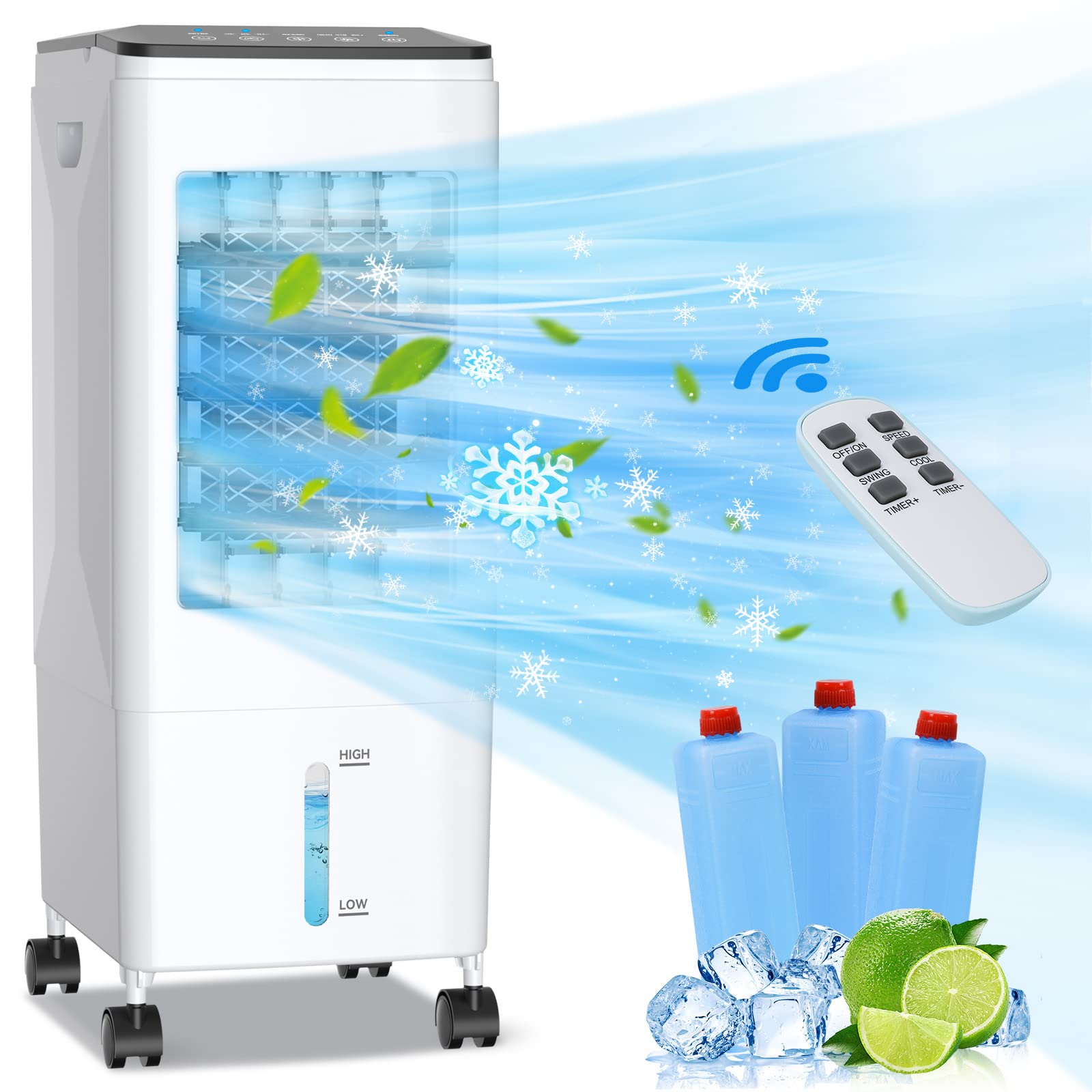 TomtaryMobile Air Conditioner, 3 in 1 Evaporative Cooler & Humidifier Fan, Wind Speeds, 5.5L Water Tank, Remote Control, 7H Timer, Portable conditioner Fan with Ice Boxes, White