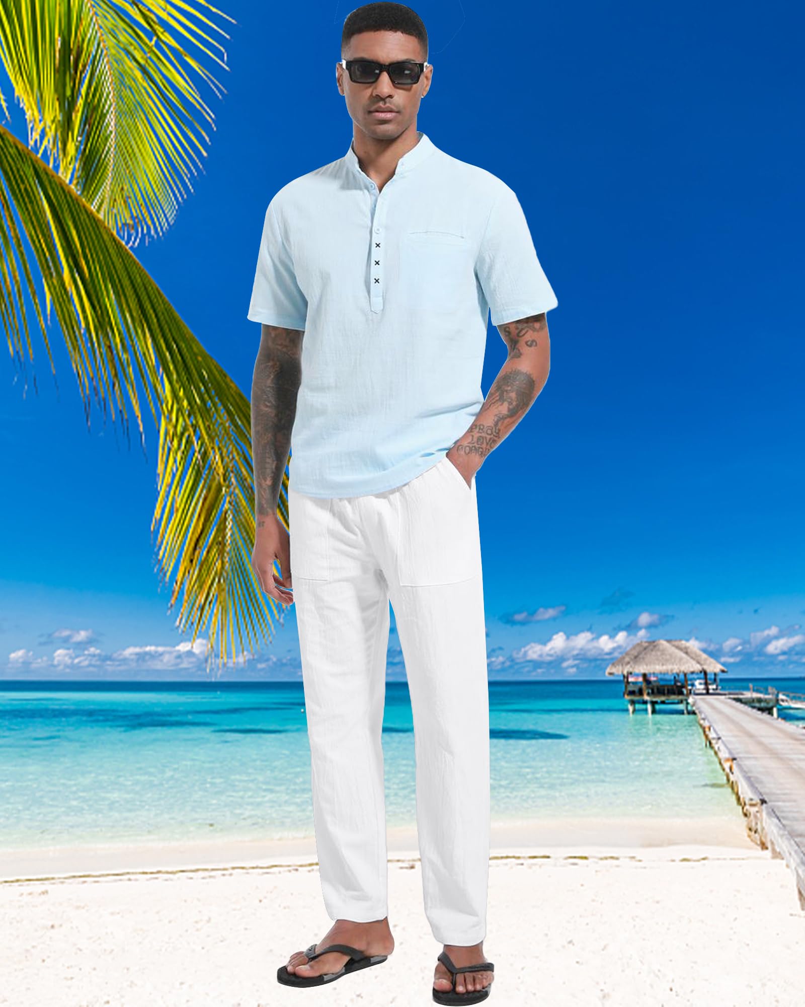 LVCBL Pantalones Deportivos Casuales de Lino para Hombre para Verano Holgados para Yoga Playa con Cintura Elástica