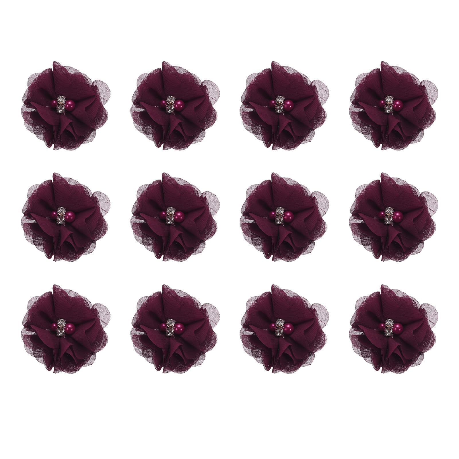 sourcing map Artificial Rhinestone Chiffon Flower Heads, Wine Red Faux Flowers 2 Inch for DIY Craft Wedding and Party Decoration Pack of 12