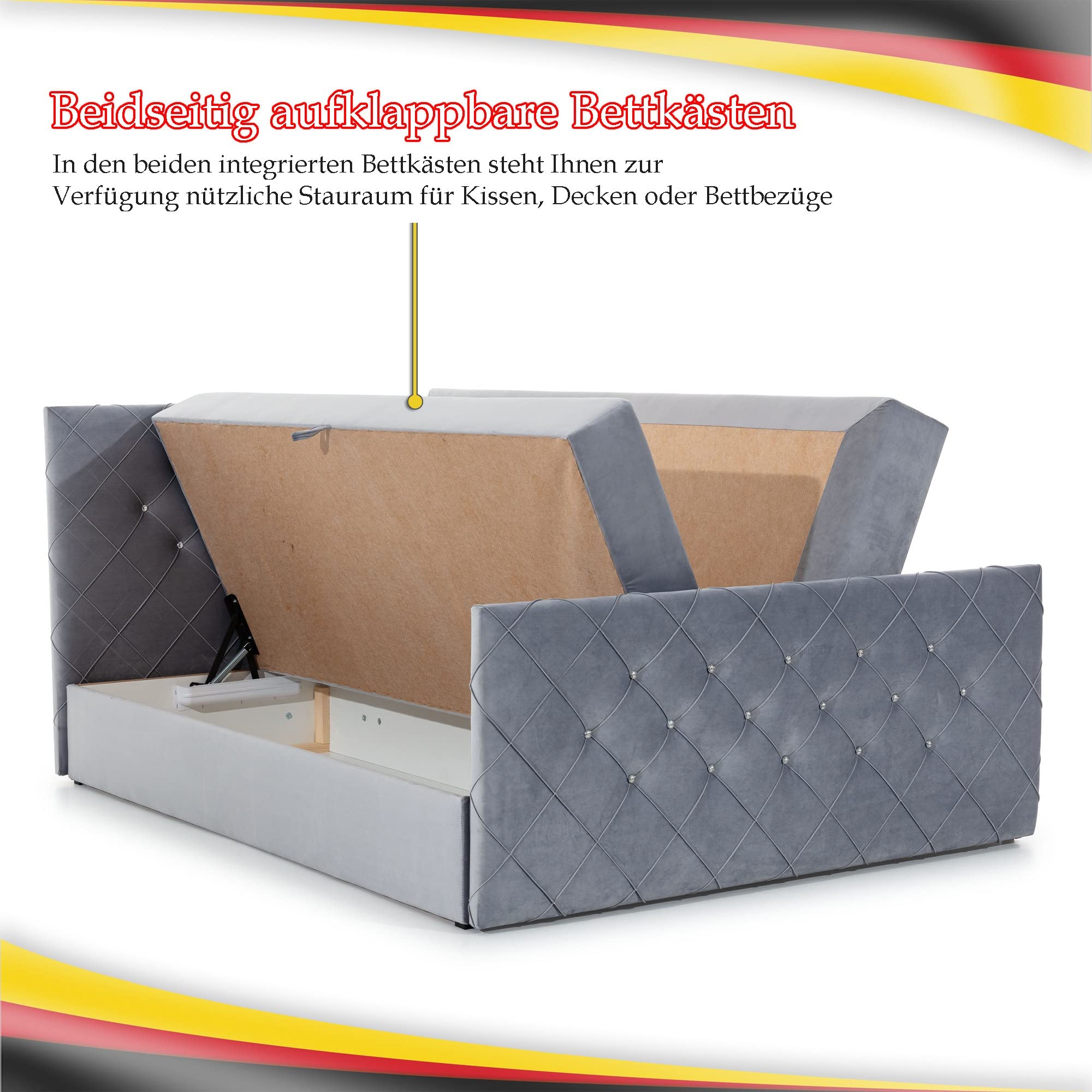 Boxspringbett Doppelbett MONAKO - Bett mit Bonellmatratze, mit Bettkasten für Bettwäsche und Topper. Gepolstertes Kopfteil und Fussteil mit Einer eleganten Steppung verziert (Dunkel grau, 180x200)
