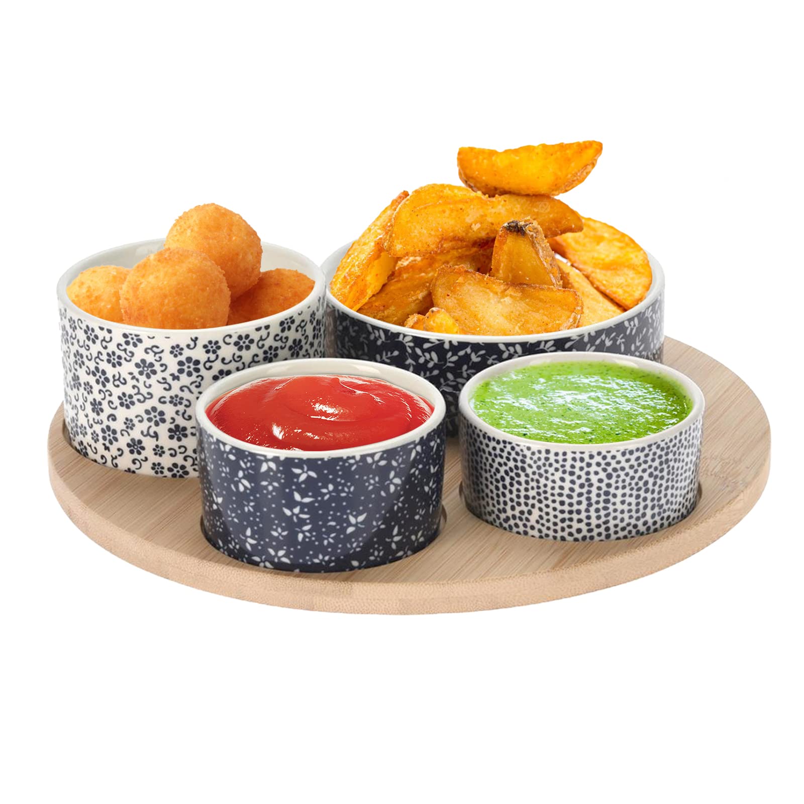 Excellent HousewareWooden Serving Set with Porcelain Bowls for Snacks Dips Nibbles Condiments 5PCS