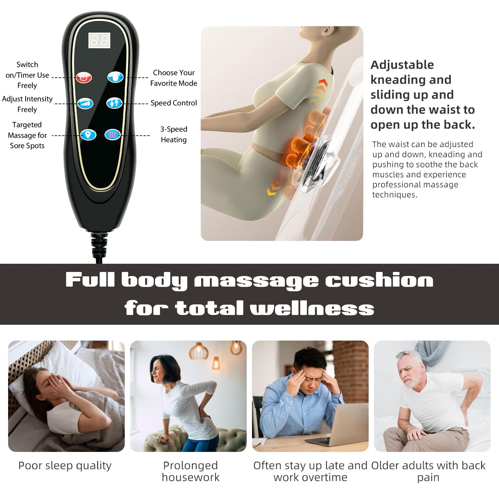 Massagematte Ganzkörpermassage mit Wärmefunktion und 10 Vibrationsmotoren, Verstellbarer Lendenairbag Akupressurmatte, Abnehmbarer Massageauflage für Nacken Rücken, für Massagestuhl, Massageliege