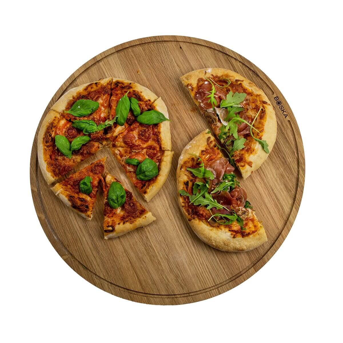 Amici XXL - Piatto per pizza in legno di quercia, diametro 47 cm, piatto rotondo per pizza con pratico vassoio di recupero, adatto anche per colazione, pranzo e