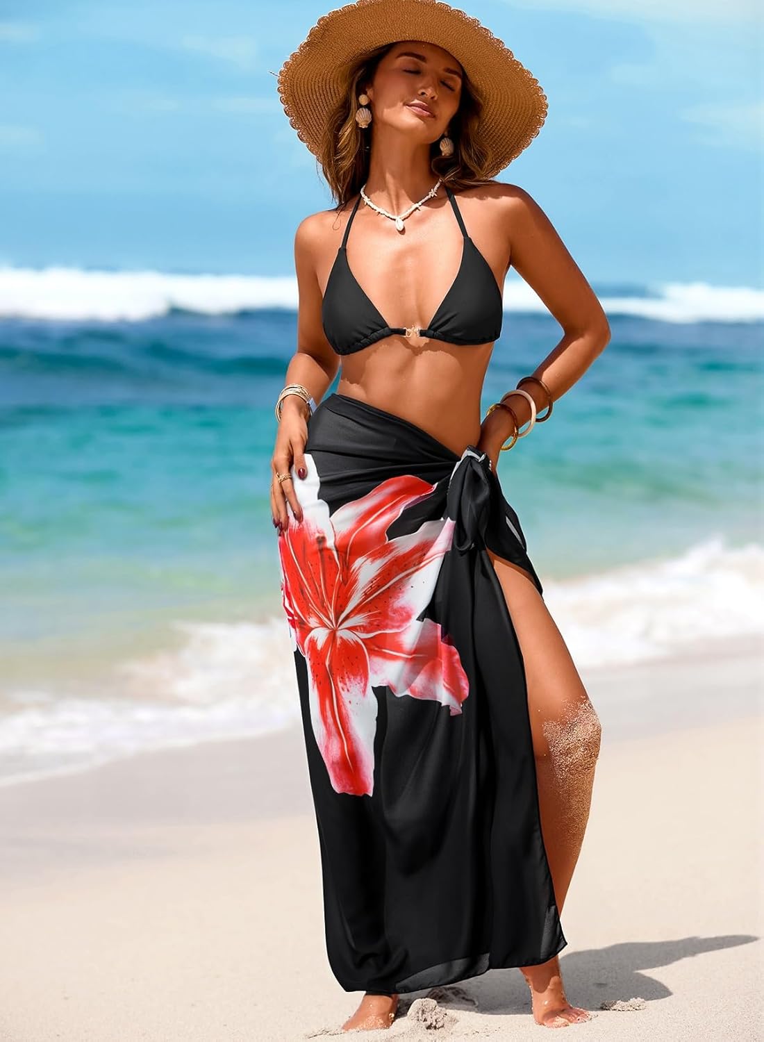 Herseas Women Sheer Sarong High Slit One Size Swimsuit Coverups 2026 Summer Floral Print Chiffon Wraps Beach Cover Up - Image 4
