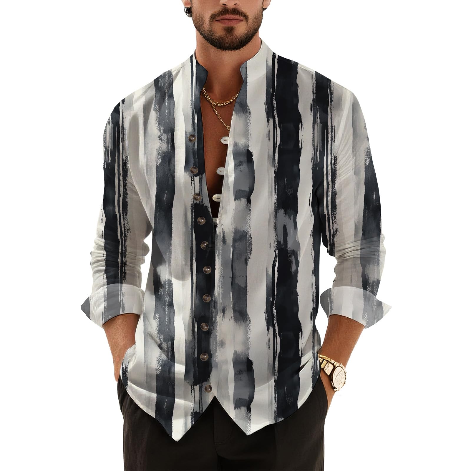 Mens Stripes Graphic Henley Shirt Long Sleeve Banded Collar T-Shirt Spring Summer Casual Fashion Button Down Shirts