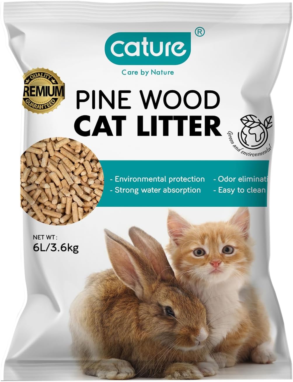 Pine Wood Cat Litter | Environmental Protection | Odor Elimination | Strong Water Absorption | Easy to Clean for Multiple Cats, 6L/3.6KG