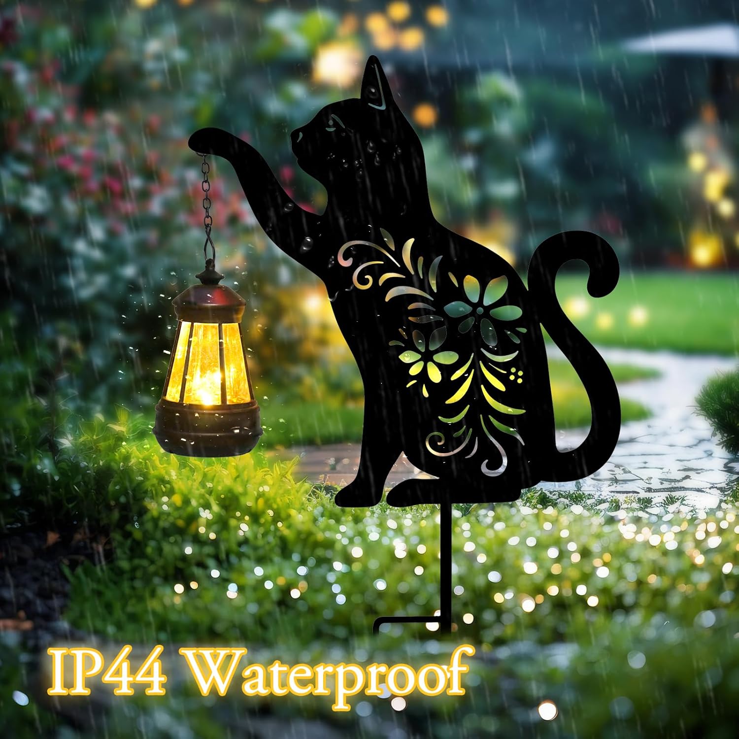 Afirst Solar Outdoor Garden Stake Solar Cat Decorative Stake Light with Lantern Decorative Lights Metal Outdoor Ornament for Yard Pathway Lawn Patio Decoration