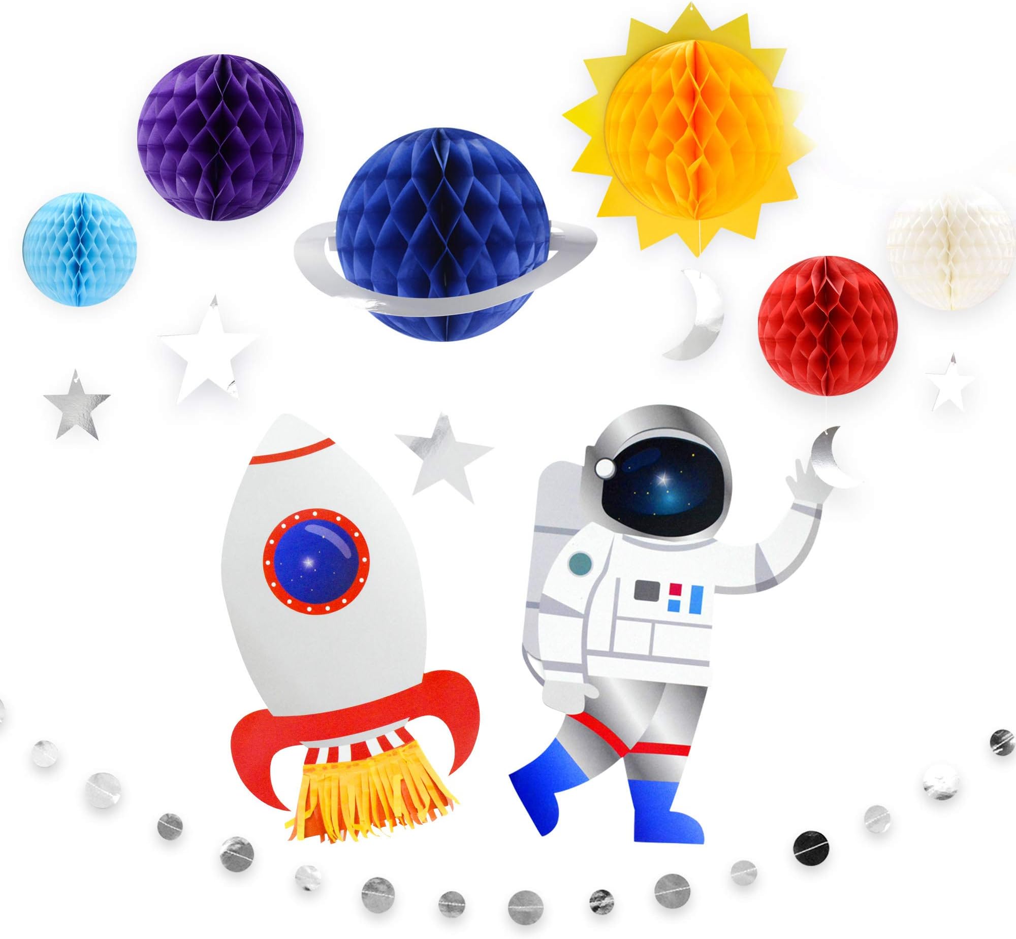 KALEFO 9 Pcs Space Themed Party Decorations Solar System Galaxy Hanging Swirls with Astronaut and Spaceship Honeycomb Planets for Ceiling Immersive Outer Space Theme Supplies
