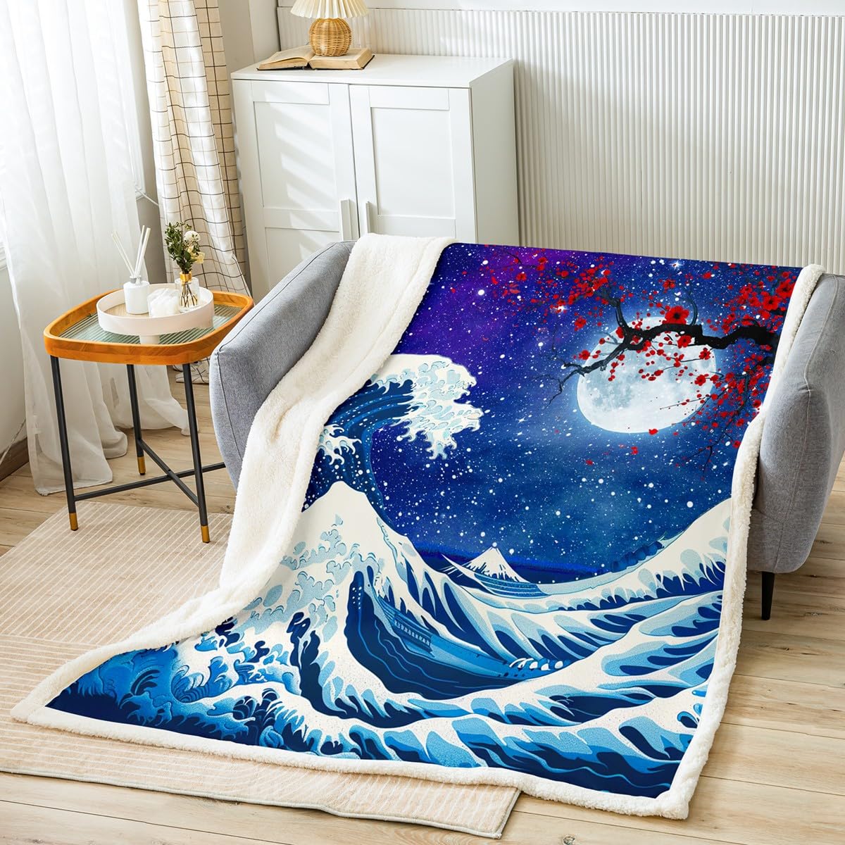 Homemissing Japanese Wave Fleece Throw Blanket Single 50"x60" Kids Ocean Wave Plush Blanket for Boys Girls Cherry Blossoms Home Decor Sherpa Blanket Blue Japanese-Style Fuzzy Blanket