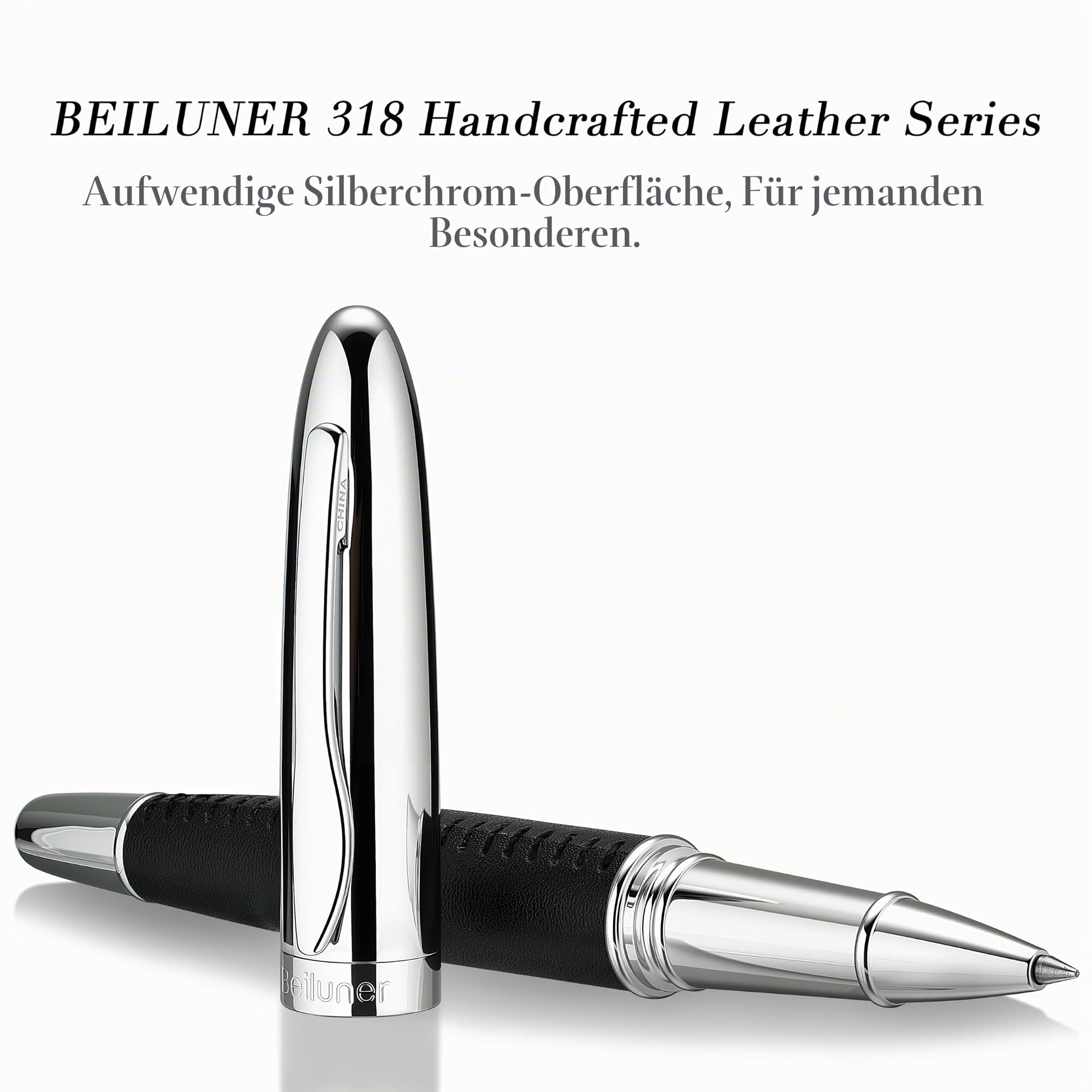 BEILUNER 318 Luxus Lederstift – handgenähtes Premium-Leder mit Chrom-Finish, Schmidt-Tintenmine, nachfüllbarer Rollerball für Damen & Herren, ideal als Geschenk für gehobene Schreibkultur