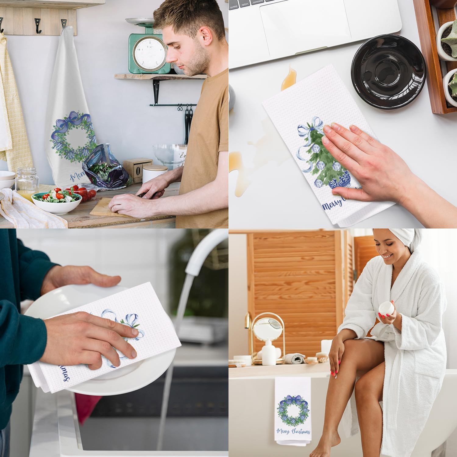 Chinoiserie Christmas Kitchen Towels,Set of 2 Blue Bow Coquette Christmas Tree Dish Towels for Kitchen Bathroom, Blue Christmas Hand Towels for Bathroom Kitchen, Grandmillennial Decor,16x24 Inches - Image 5