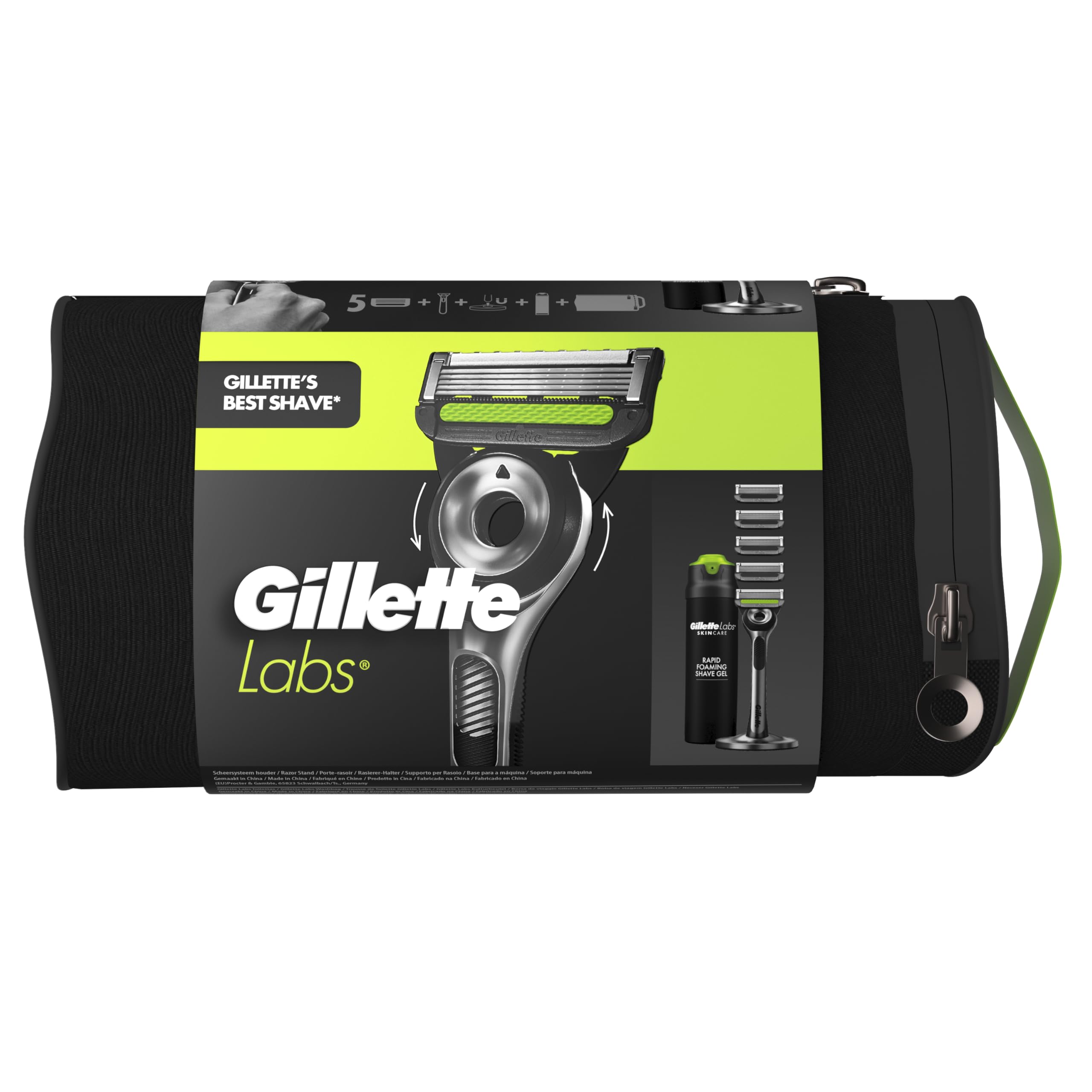 Gillette Labs con elemento di pulizia UEFA Champions League Special Gold Edition, 1 manipolo – 5 lame di ricambio, include 1 gel da barba da 200 ml, 1 docking magnetico, 1 borsa