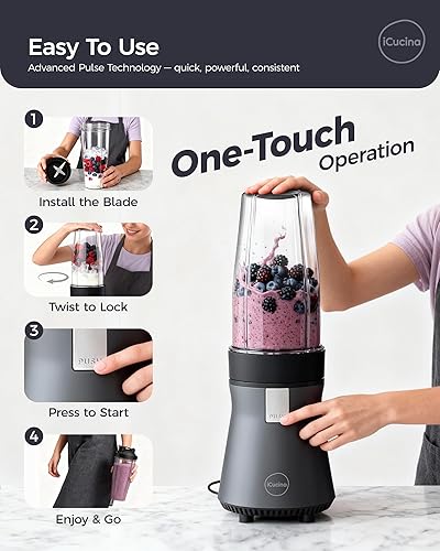 Miniatura 6 de iCucina - Licuadora personal para cocina con tecnología de pulso, perfecta para batidos, licuados de frutas, bebidas congeladas, 500 W, tazas de