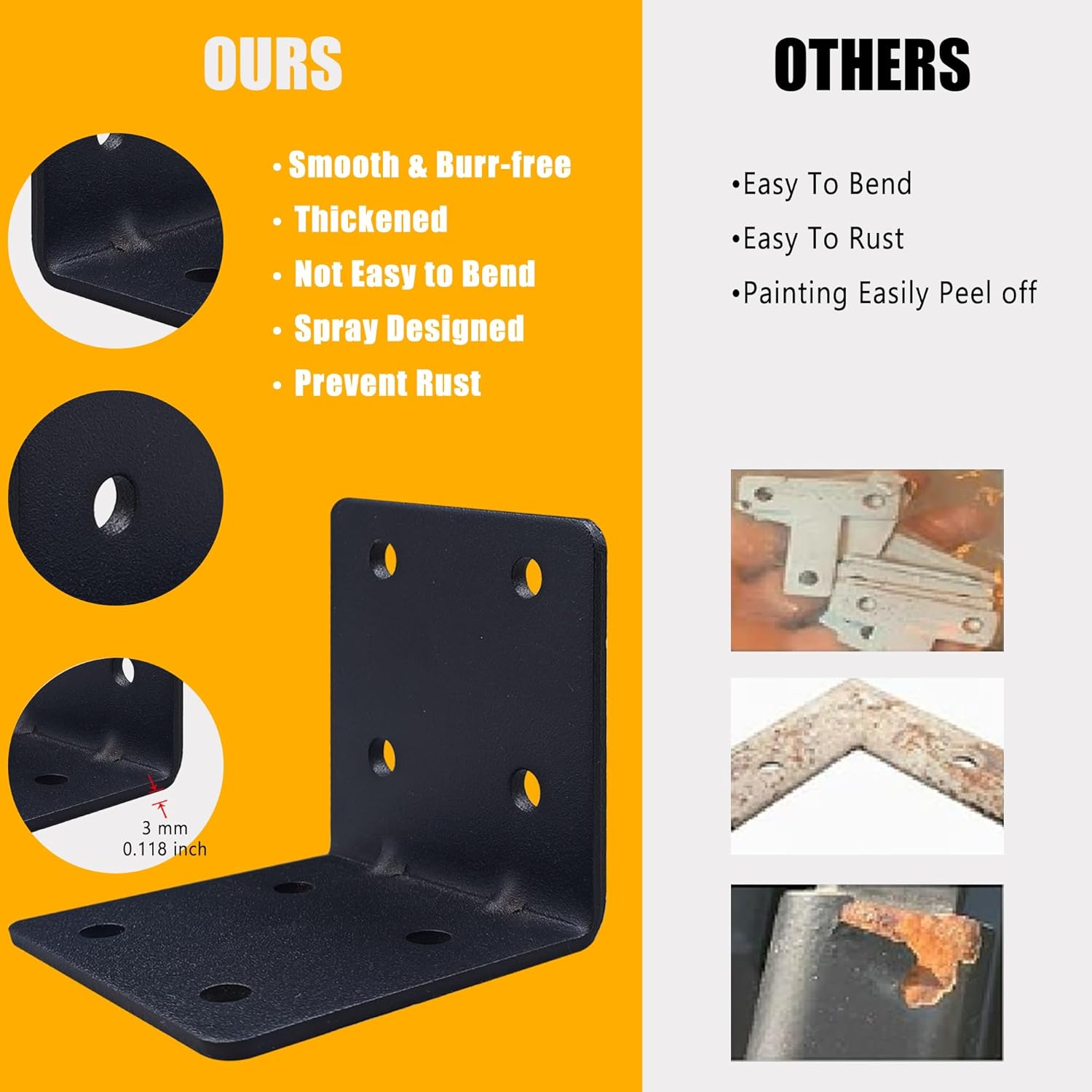 10 PCS L Shape Brackets, 2.76" x 2.76" x 2.60" Matte Black Carbon Steel Corner Brace Ribbed Corner Brackets for Wood Projects Furniture Fix and Replacement