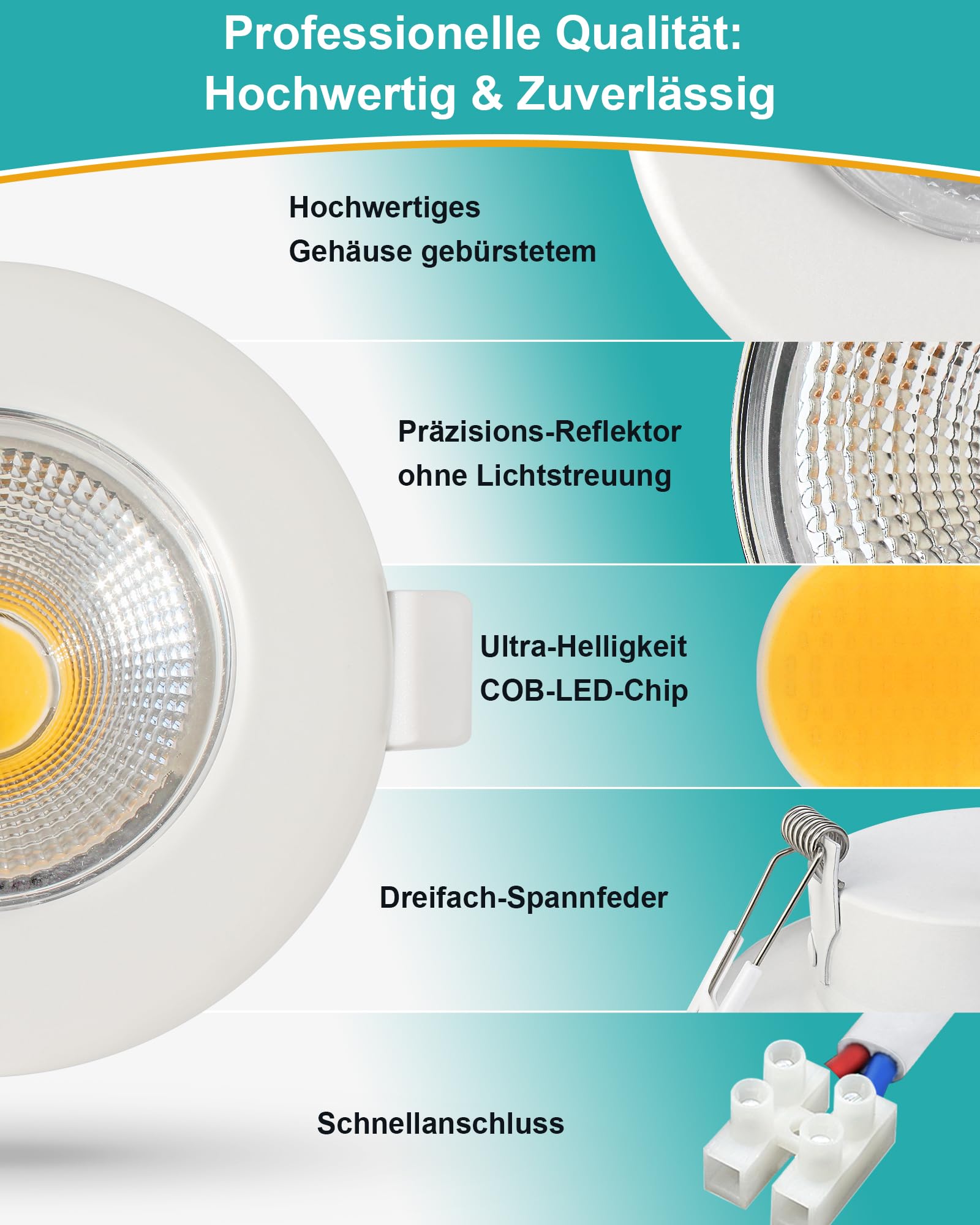 HiBay 8er Einbaustrahler LED COB Set 7W LED Spots 230V 65-85mm Lochmaß Rund Weiß Einbauspots 4000K Neutralweiß 600LM für Schlafzimmer Wohnzimmer Garderobe