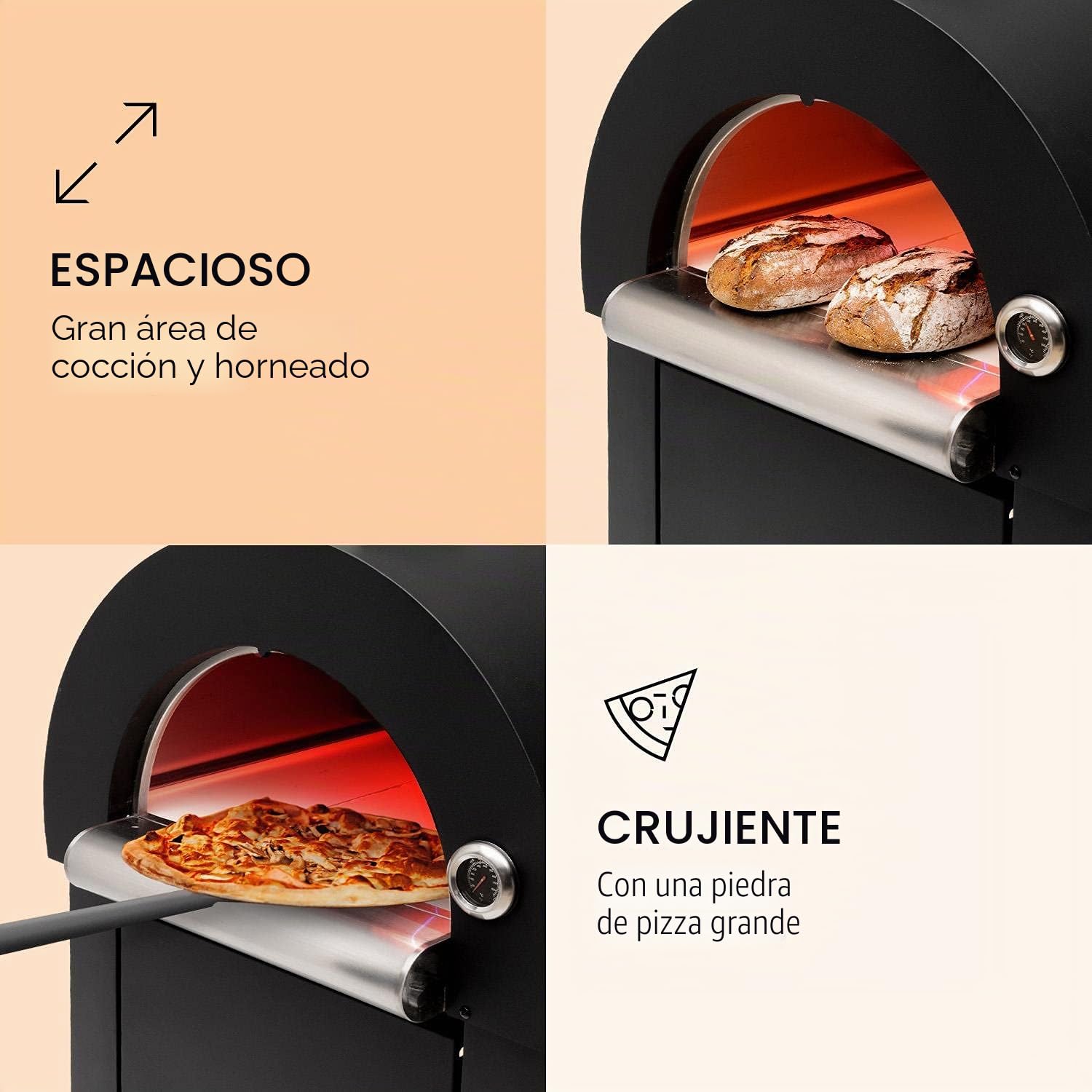 Klarstein Diavolo Napoletana horno para pizza - horno de leña o carbón, termómetro integrado, temperatura hasta los 500 °C, acero inoxidable, negro