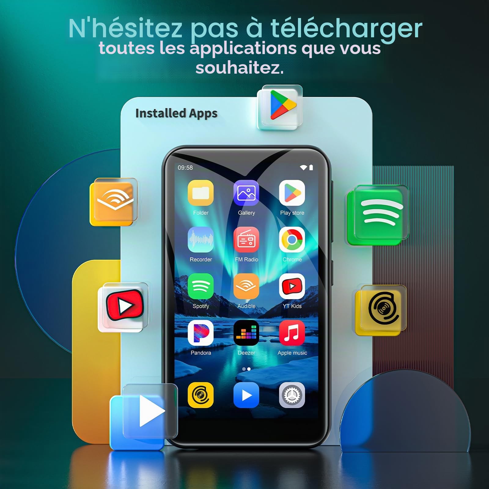 Lecteur MP3 ZAQE 32 Go avec Bluetooth et Wi-FI, Lecteur MP4 sous Android 13 Compatible avec Spotify, Pandora, Audible, Lecteur de Musique Hi-FI à écran Tactile de 4,02 Pouces avec Play Store,Noir