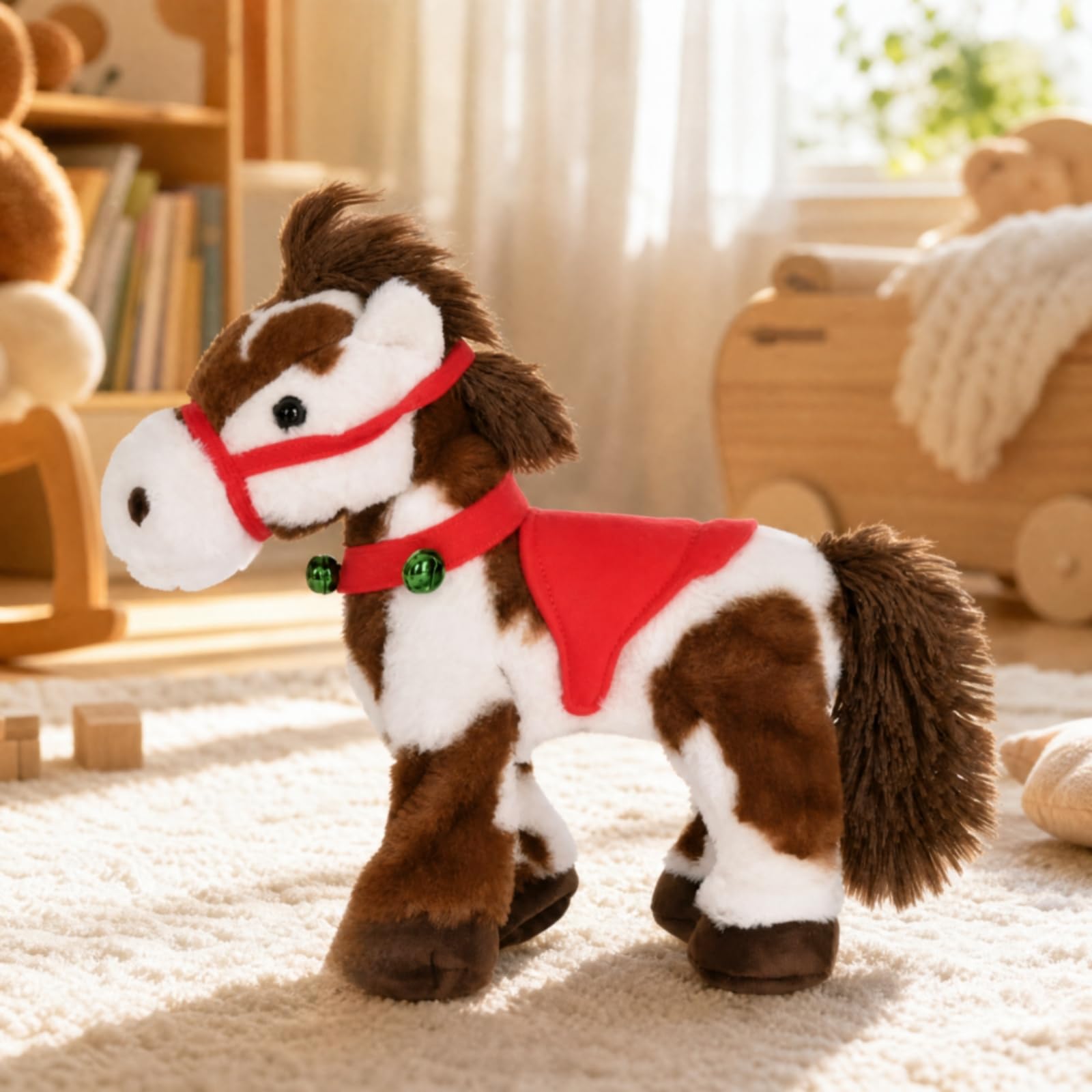Peluche Maculato e Bianco Imbottito di Peluche con Redini Rosse Interattivo Giocattolo per Bambini, Area Giochi