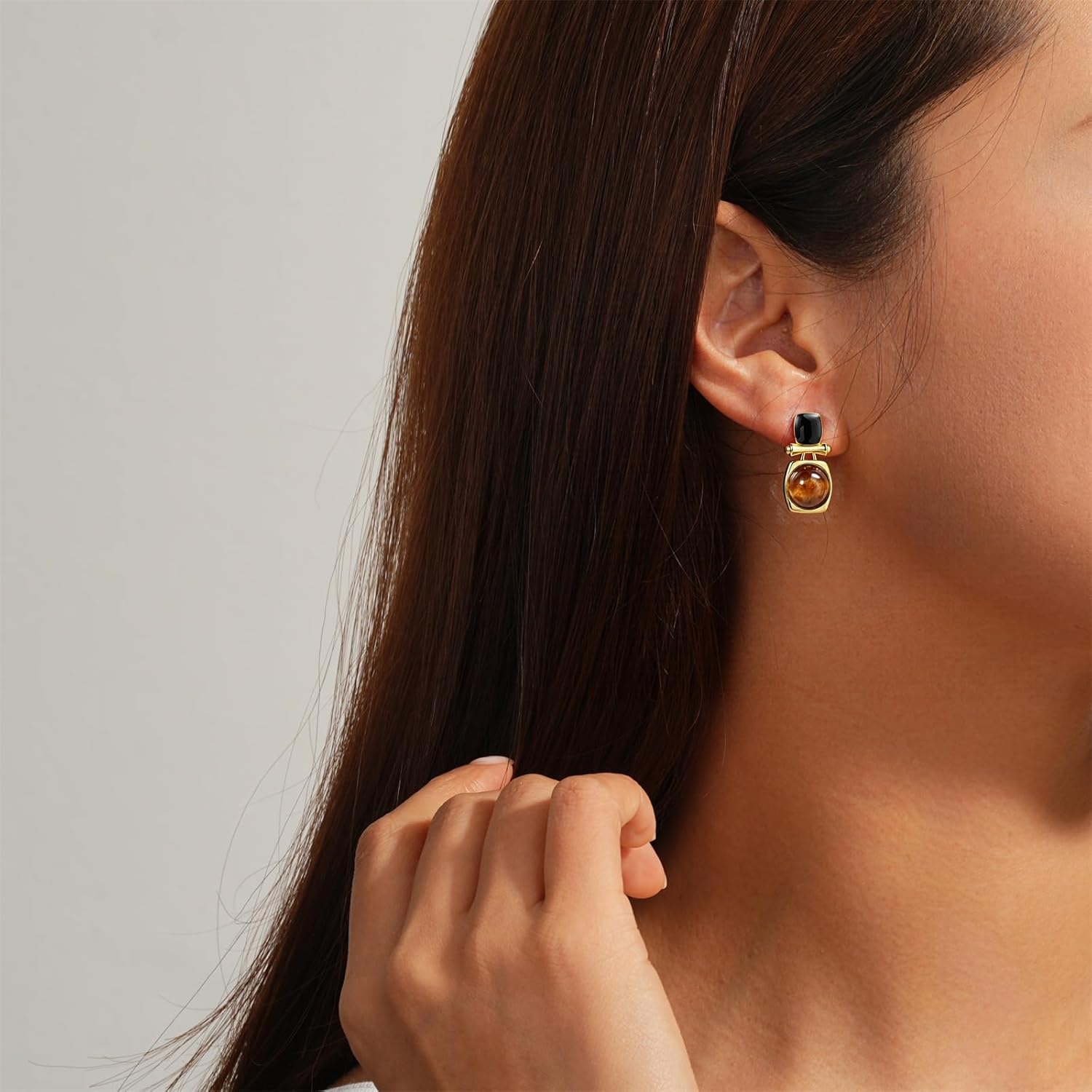 Sylph 18K Gold Plated Brown Gemstone Earrings for Women, Tiger Eye Stone Dangle Drop Earring Stud, Tigers Eye Jewelry Gifts for Valentine Day