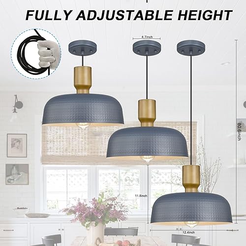 Miniatura 6 de Luminzone Luces colgantes de granja, lámparas colgantes ajustables con pantalla de metal martillado, iluminación colgante de 12.4 pulgadas para isla