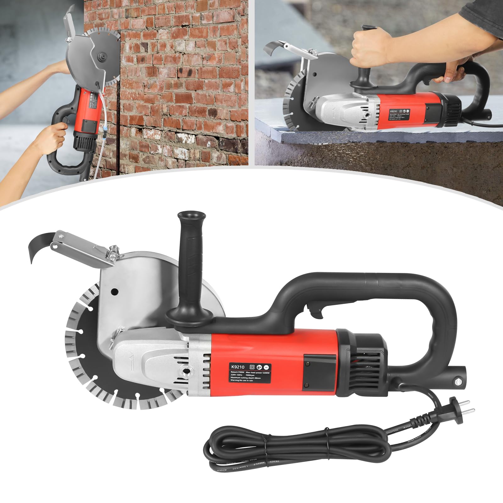 Scie à béton K9210 - Scie à pierre - 5200 W - 7000 tr/min - Lame de 21 cm - Profondeur de coupe : 68 mm - Coupe à sec et humide - Réglable de 0 à 180 ° - Pour béton, pierre, carrelage