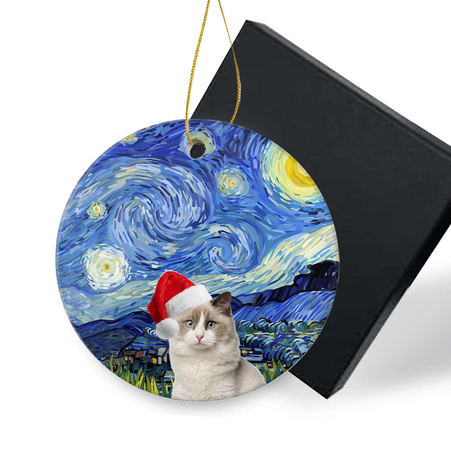 LAHASZIY Ragdoll Cats Christmas Ornaments 2022-Starry Night Cute Santa Hat Cat Holiday Present Xmas Tree Decor Cute Animal Ornament Flat Circle Ceramic Ornament 3In with Gift Box