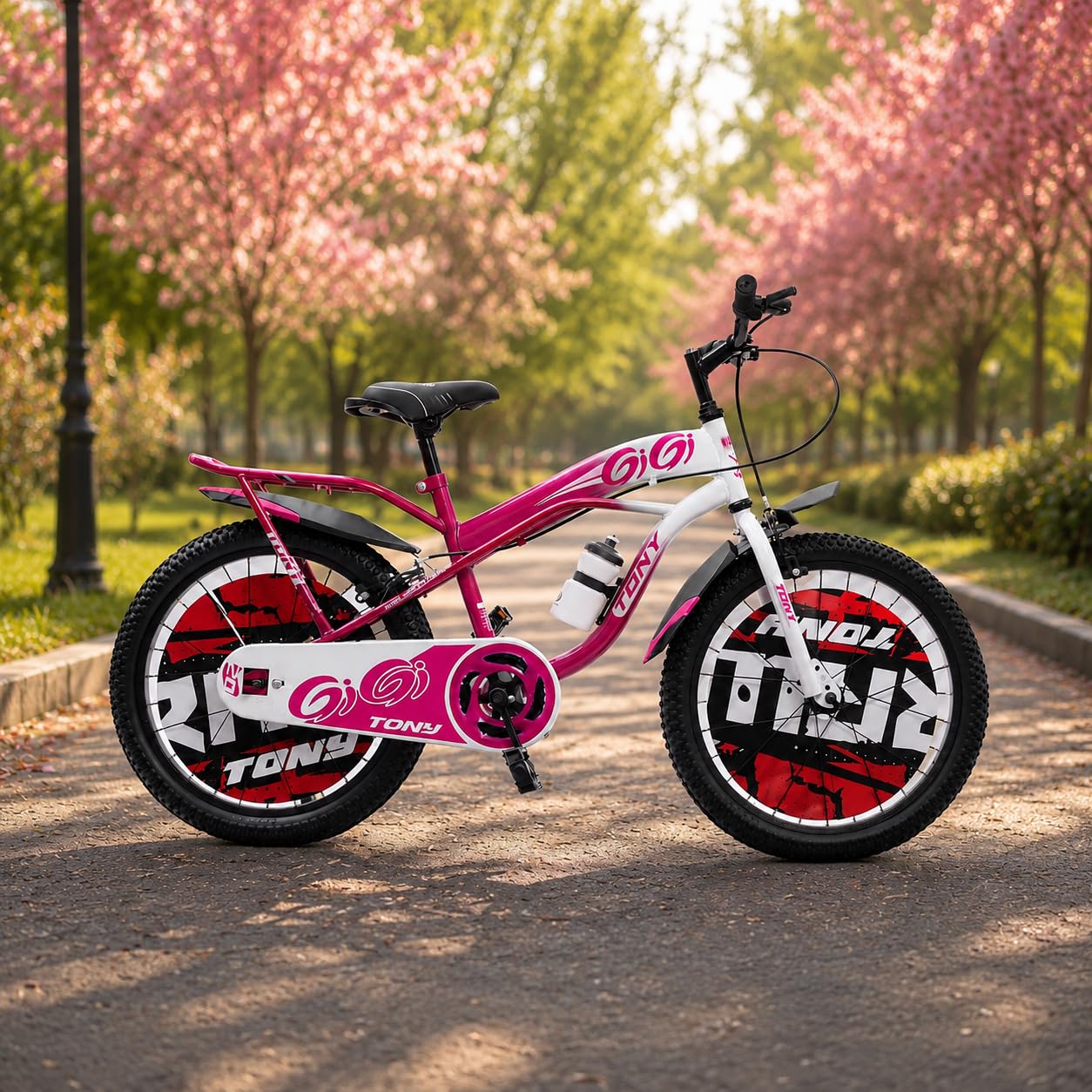 TONY RAW Bicycles Gigi Sports BMX Single Speed Steel Frame 20T Bicycle Cycle for Kids 7 to 10 Years Boys & Girls Double Back Seat with Side Stand and Water Sipper Pink White-image-42