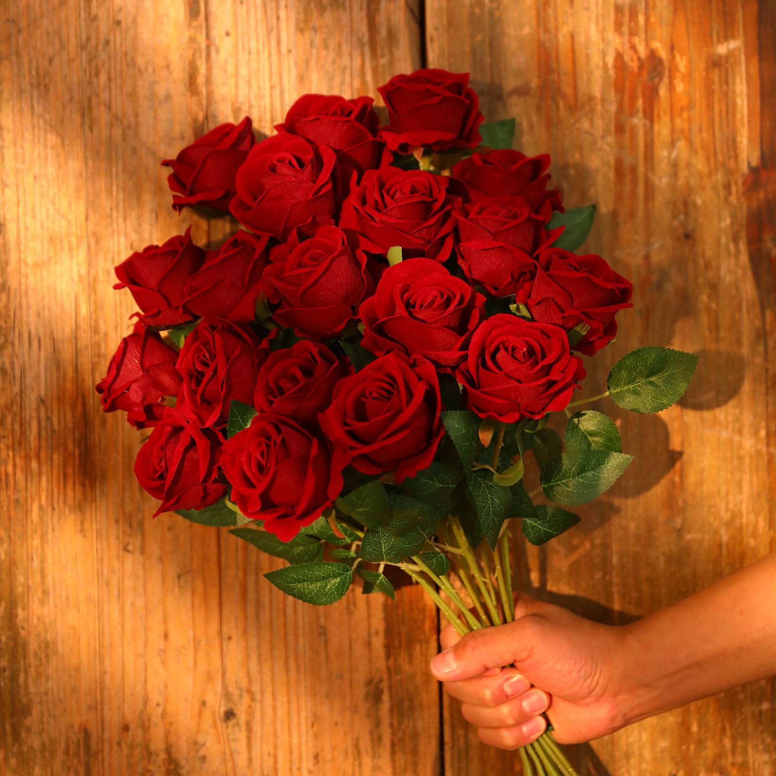 JUSTOYOU 20 PCS Burgundy Red Rose Artificial Flower,Silk Blooming Rose with Stem,Artificial Rose Bouquet Realistic Flower for Home Table Office Party Wedding Garden Arrangements(Burgundy rose) - Image 2