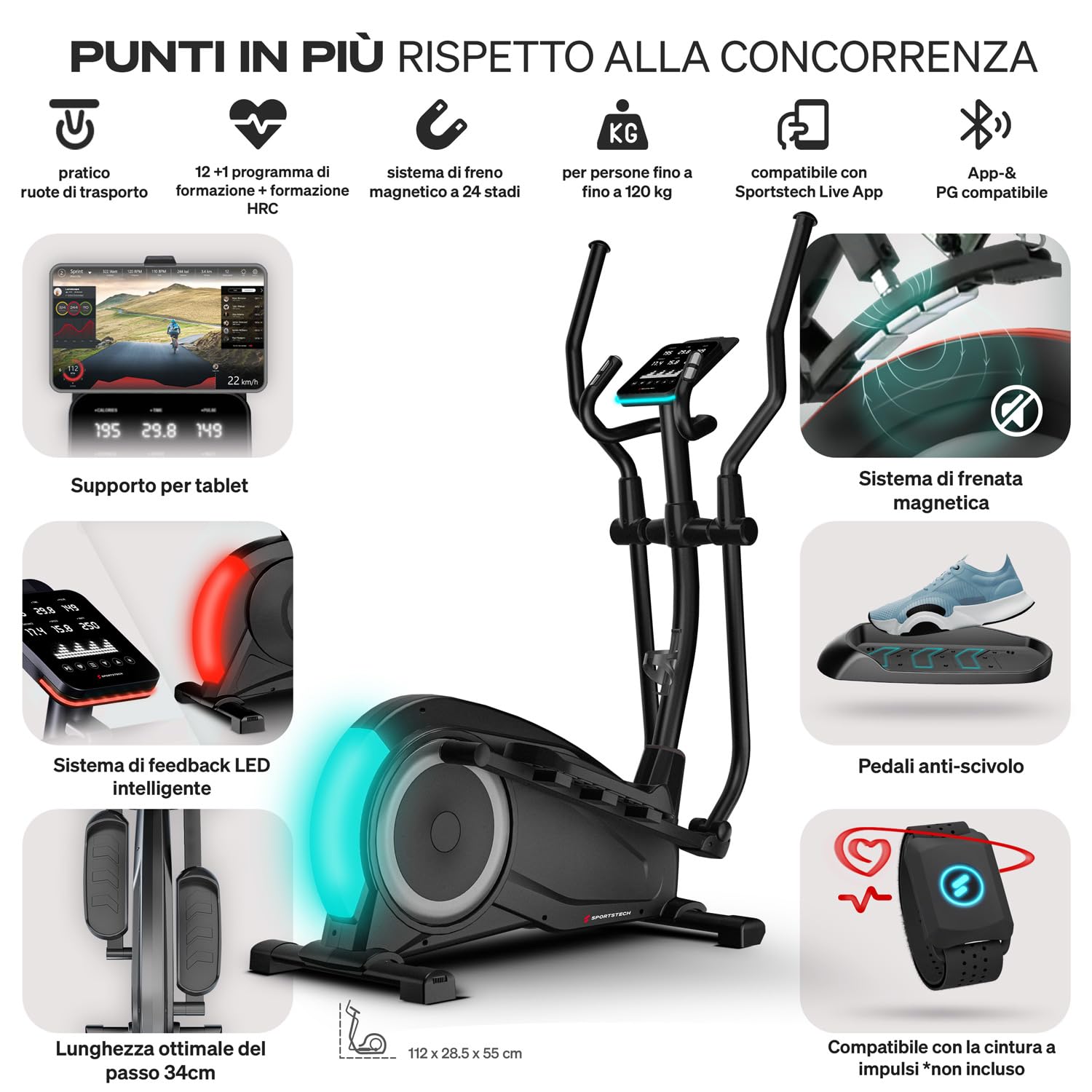 Sportstech CX700 Ellittica da Casa Trainer, Professionale Bike per la Palestra di Casa, Intelligente Cyclette Ellittica con Freno Magnetico e Sistema LED, 12 Programmi + Modalità HRC e Watt