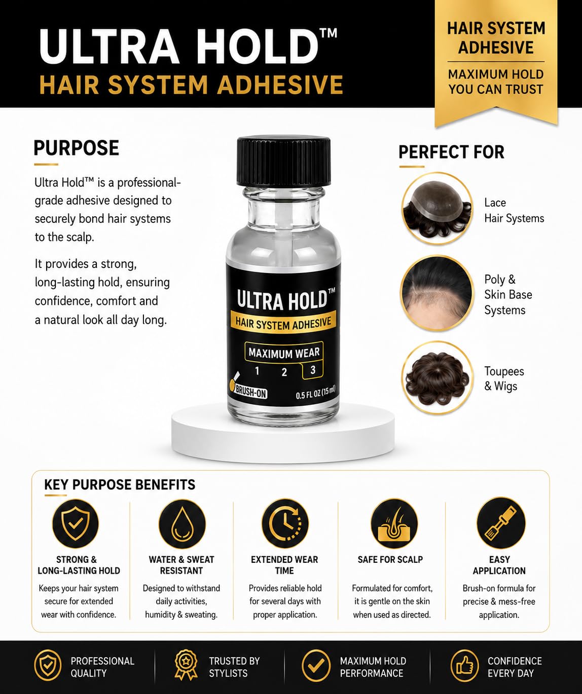 Glorious Hub Walker 15 Ml Ultra Hold Hair Patch/Hair Wig/Hair Toupee Glue for Men (Ultra Hold 15 Ml) 3