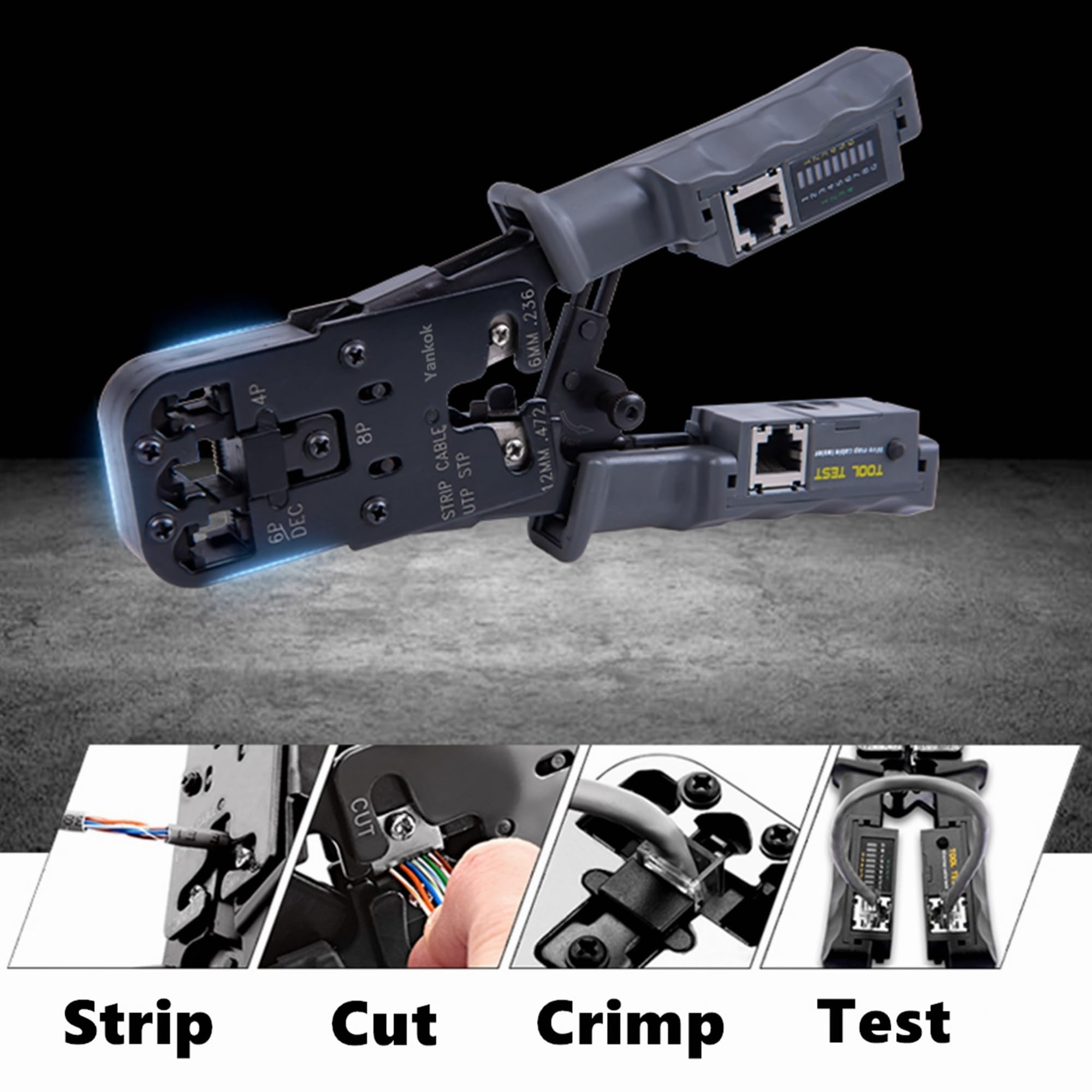 Yankok Modułowa zaciskarka wtykowa HT-022: zaciskane złącza RJ45 8P8C RJ12 RJ11 6P6C/4C/2C, RJ10 i RJ9 4P4C/2C, cięcie taśmowe i testowe kable Ethernet z testerem kabli
