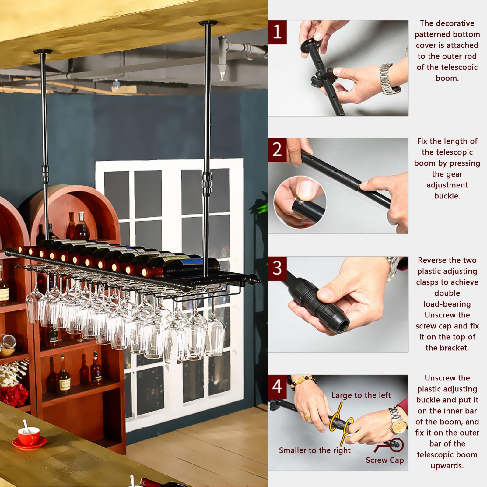 Suspendu Casiers à Bouteille et Porte-Verres Hauteur RéGlable, Porte Bouteilles en Métal, Montage au Plafond Paniers à Vin pour Famille Cuisine/Restaurant Hôtel/Bar (BK, 120x30x(30-60) cm)