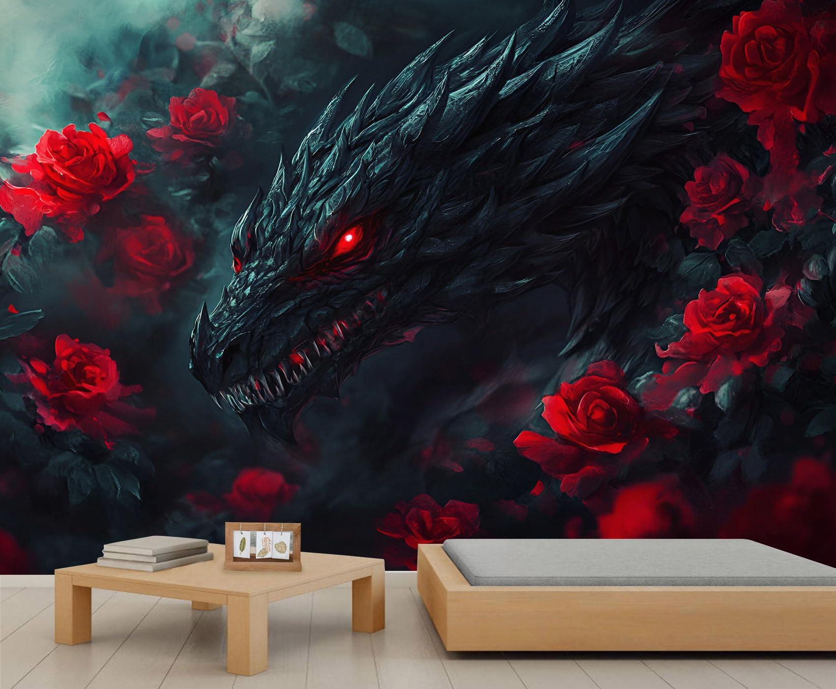 Dragon Mural 400x280cm Red Rose Mural Wallpaper Western Animal Wallpaper for Living Room Dragon Wall Decor (Not Peel n' Stick)
