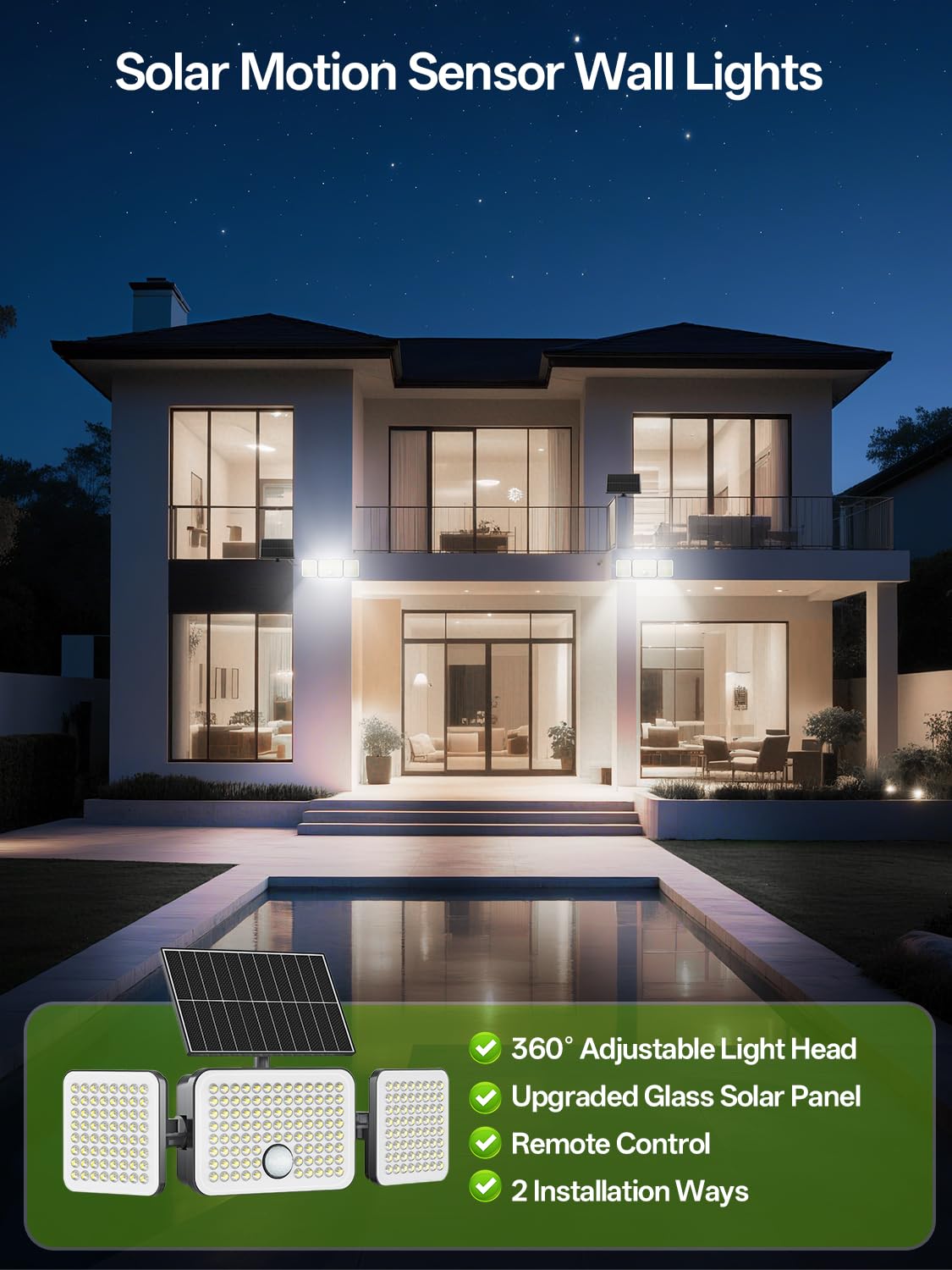 Luces de seguridad con sensor de movimiento para exteriores, 233 LED, rotación de 360°, 3 cabezales, luz solar de pared con 3 modos de control remoto, IP65 impermeable, luces solares de pared
