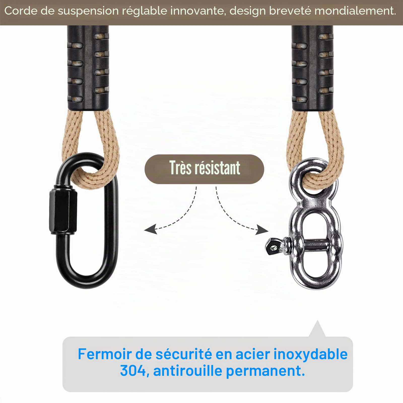 BeneLabel 2pcs Sangles de Suspension, 1M Corde de Balançoire Hamac Réglable Extensible en Polyester pour Arbres Chaises Jeux Accessoires, Jusqu'à 1000lbs, 10mm de Diamètre, Naturel