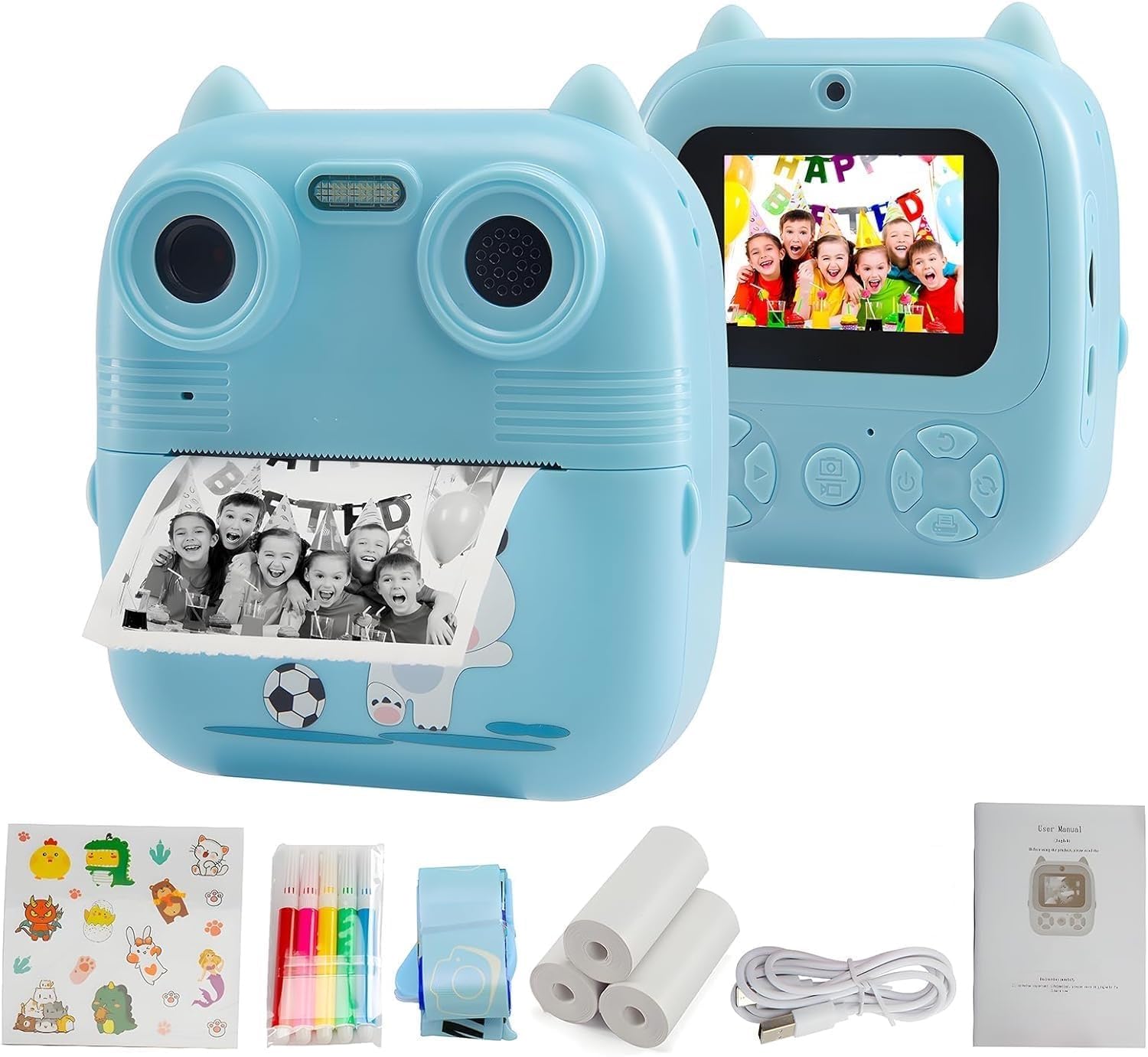 Macchina Fotografica Bambini Istantanea 2.4 Pollici/1080P,32GB Memoria,Slot Espansione Micro SD,3 rotoli di carta da stampa, un regalo perfetto per i tuoi bambini (Blu)