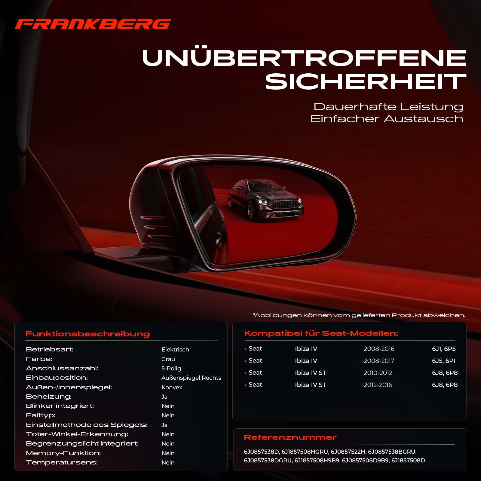 Frankberg Elektrisch Aussenspiegel Außenspiegel Rechts 5-polig &-Beheizbar Kompatibel mit Ibiza IV 6J5 6P1 2008-2017 Ibiza IV Sportcoupe 6J1 6P5 2008-2016 Replace# 6J0857522H