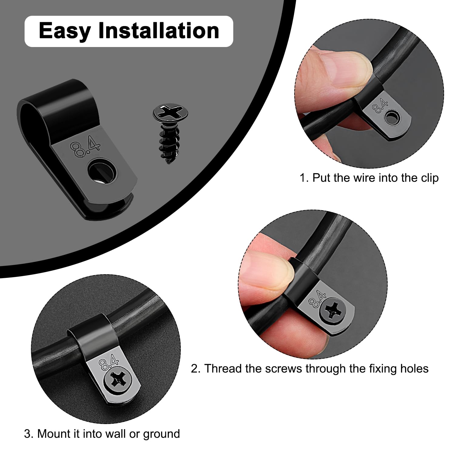VooGenzek 100 Piezas 8.4mm (5/16 Pulgada) Clips de Cable de Nailon Tipo R, Abrazaderas de Cable Tipo R con 100 Piezas de Tornillos, para Gestión de Cables (Negro)